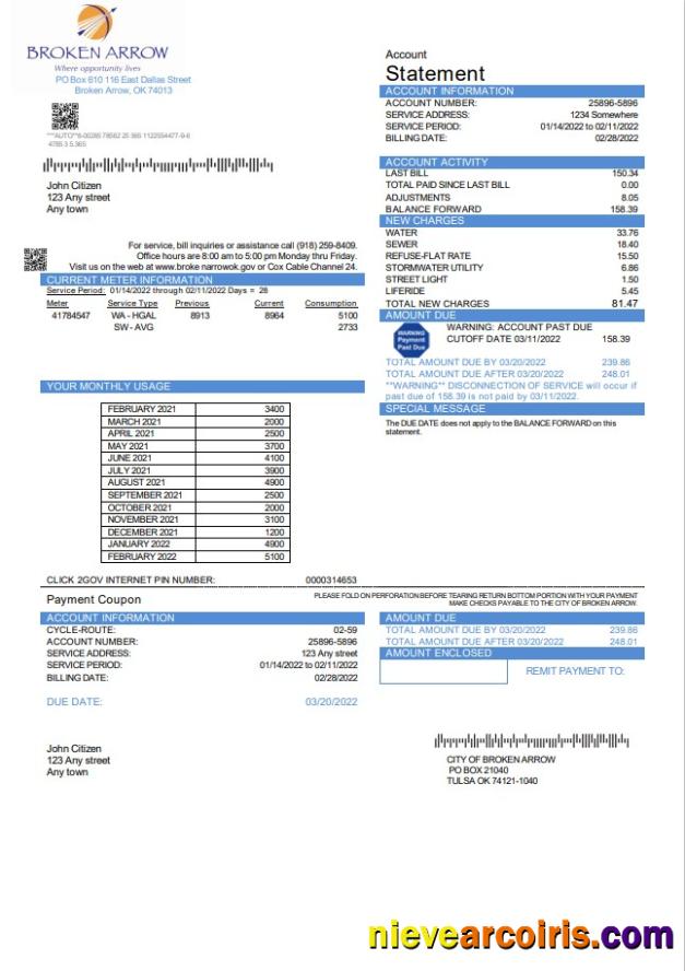 USA Oklahoma City of Broken Arrow utility bill